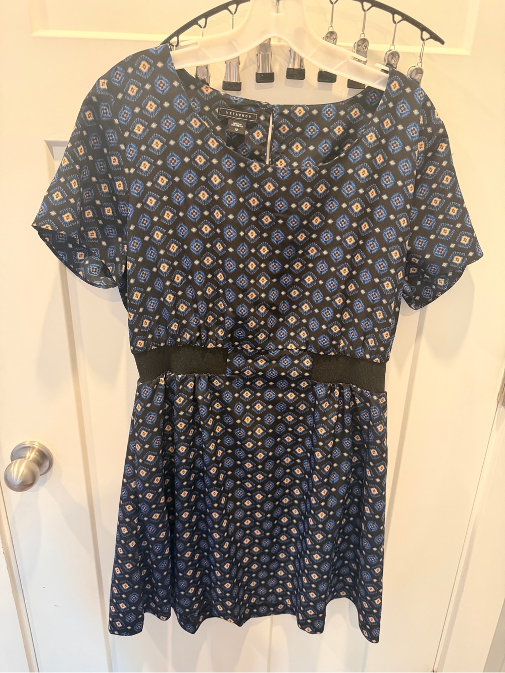 Metaphor Women’s Size 12 Geometric Print Fit & Flare Dress Blue Black Career